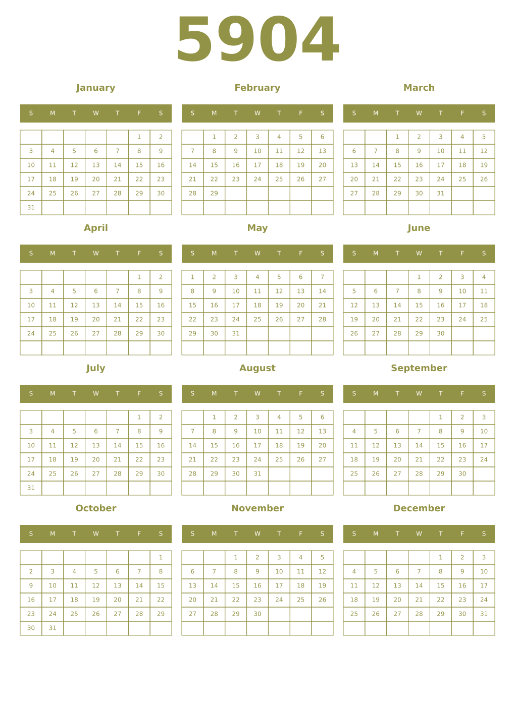 Printable 5904 Year Calendars eburnean