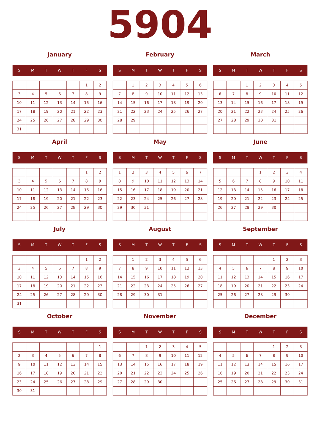Printable 5904 Year Calendars falu