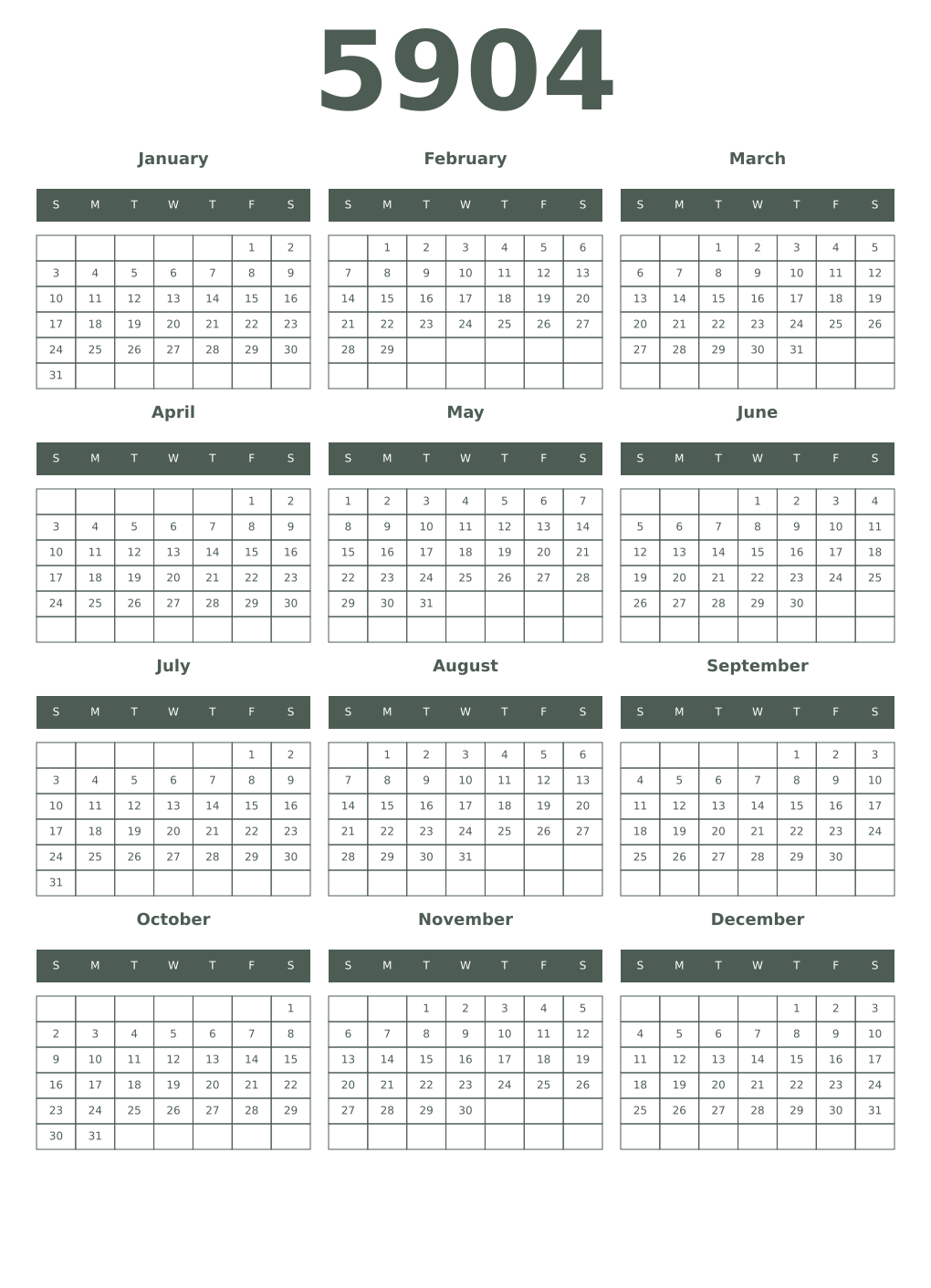 Printable 5904 Year Calendars feldgrau