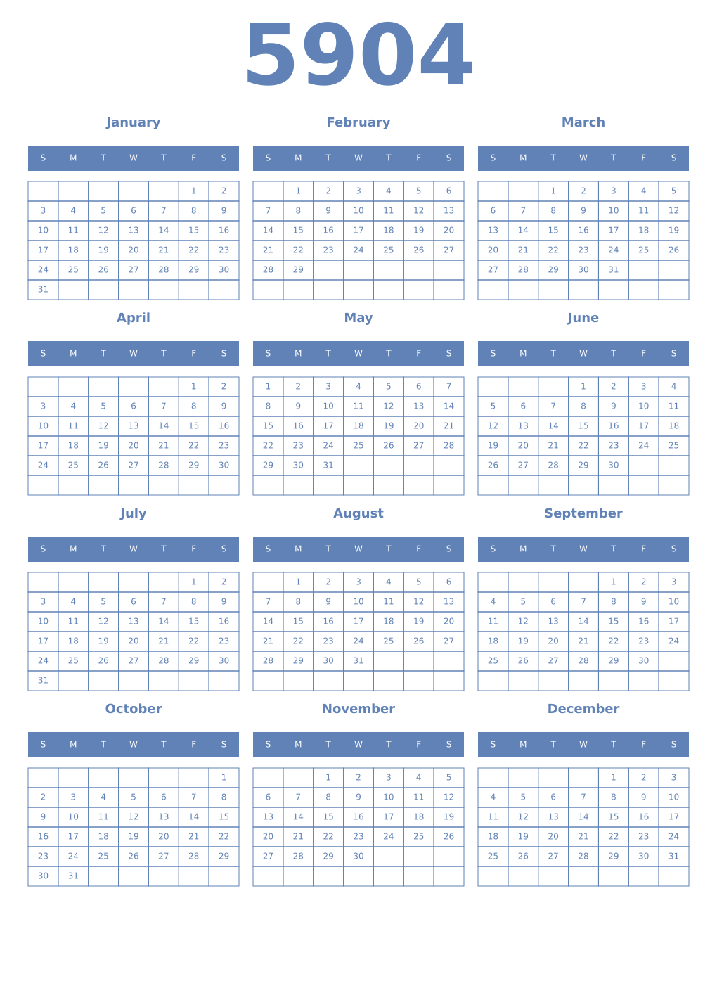 Printable 5904 Year Calendars glaucous