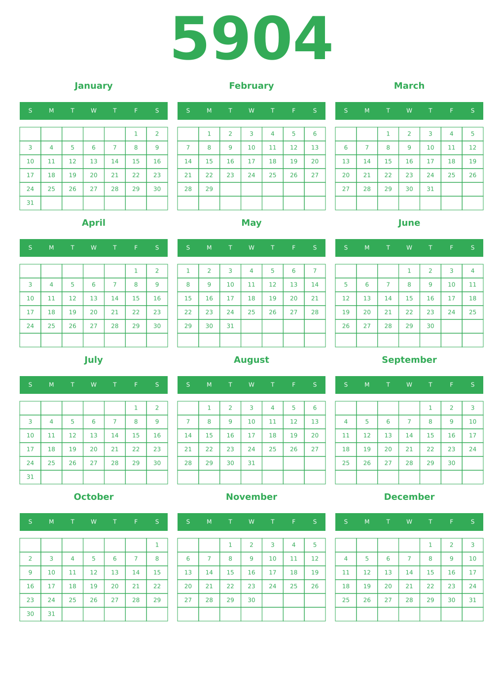 Printable 5904 Year Calendars green