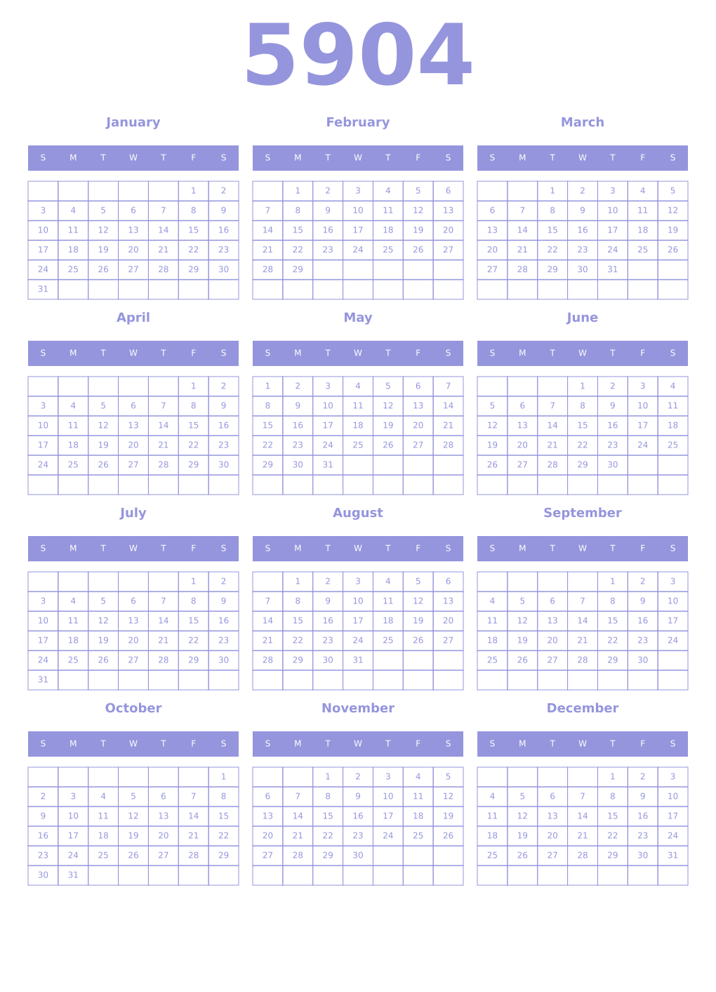 Printable 5904 Year Calendars periwinkle