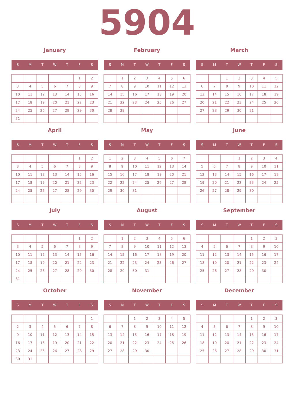 Printable 5904 Year Calendars puce