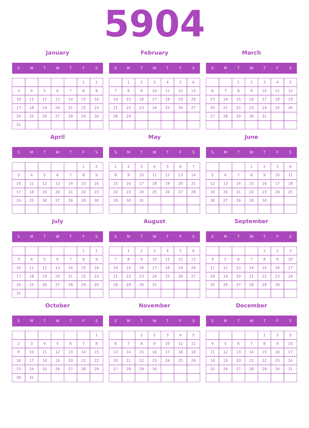 Printable 5904 Year Calendars purple