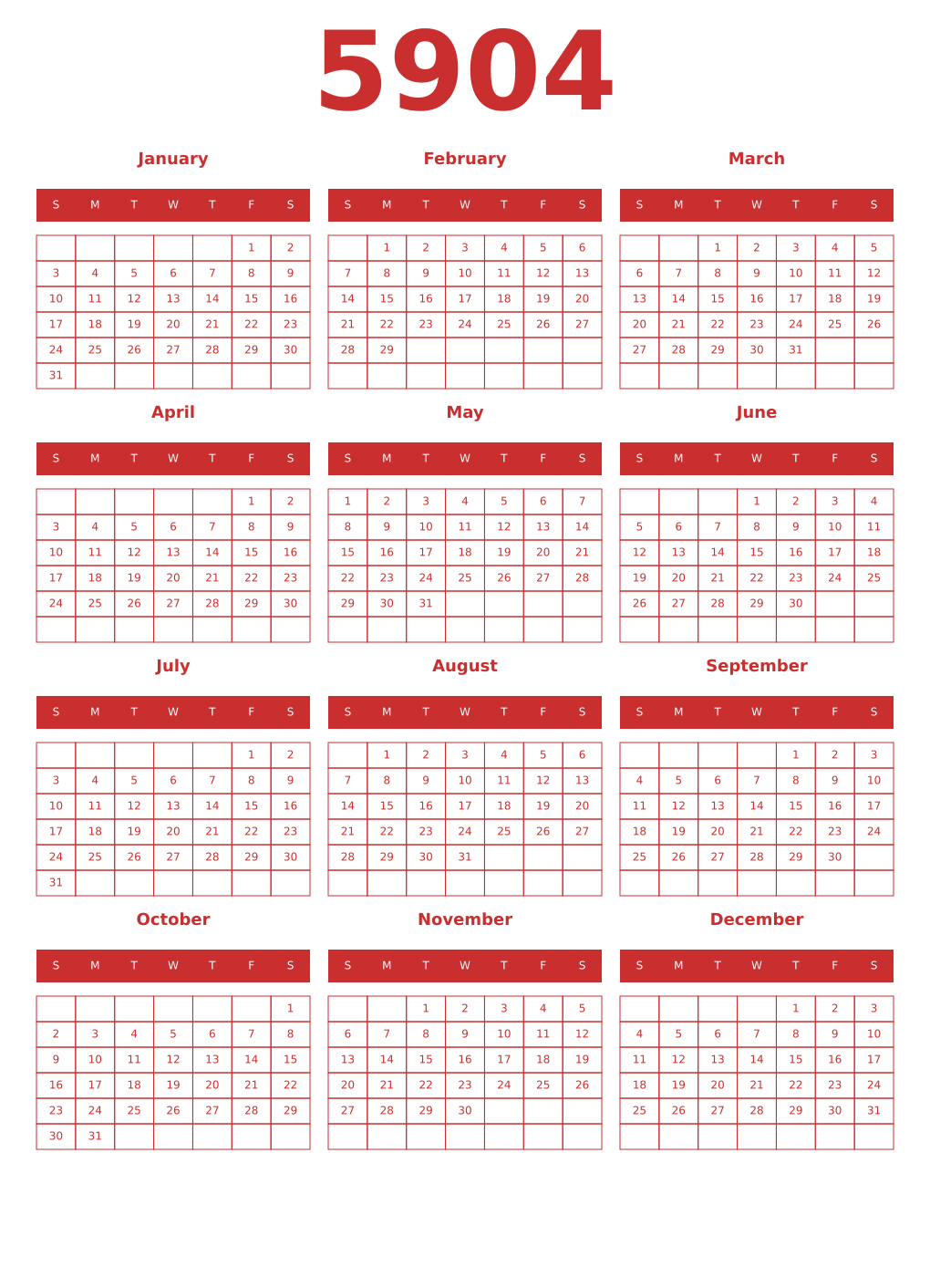 Printable 5904 Year Calendars red