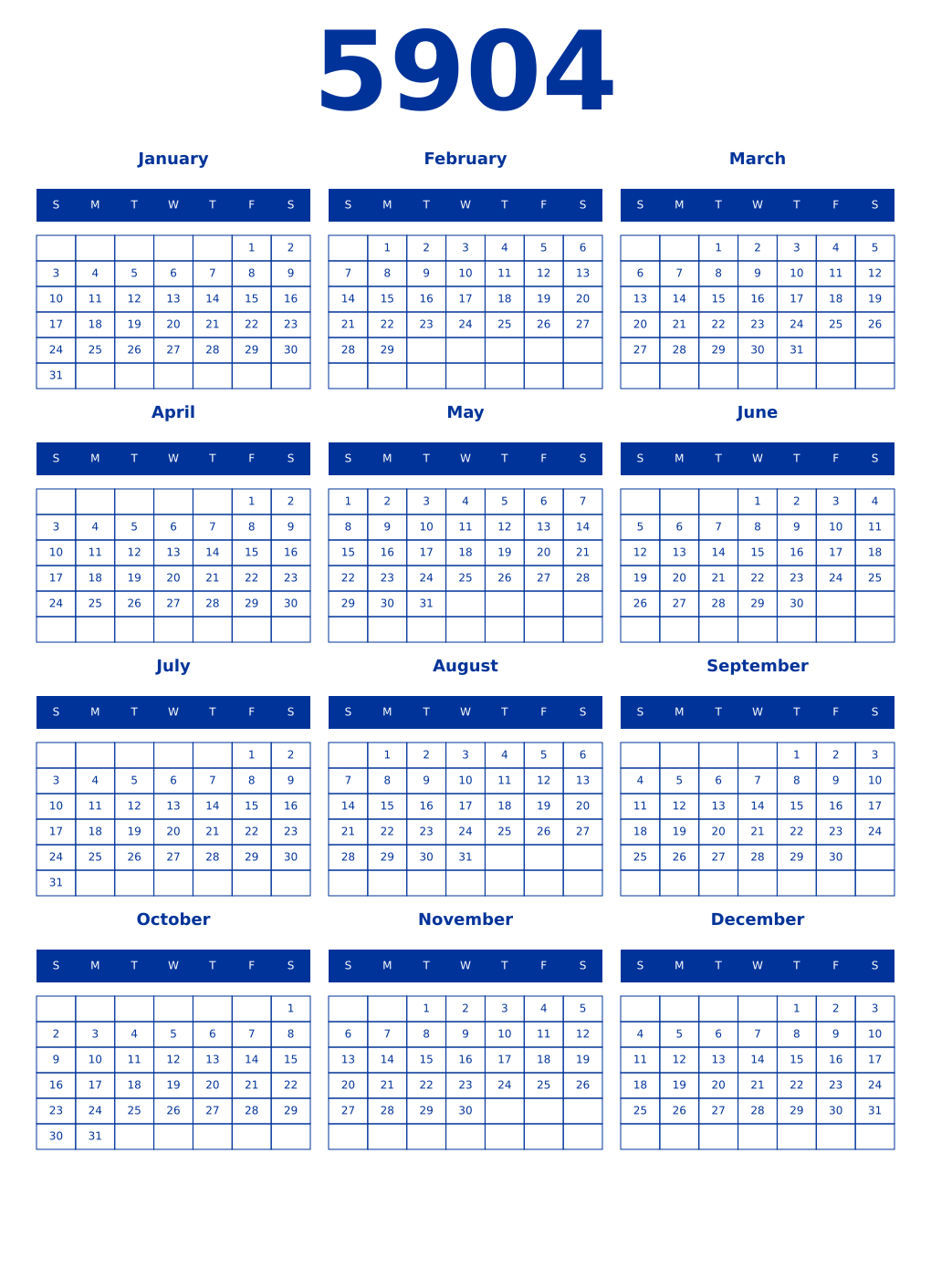Printable 5904 Year Calendars smalt