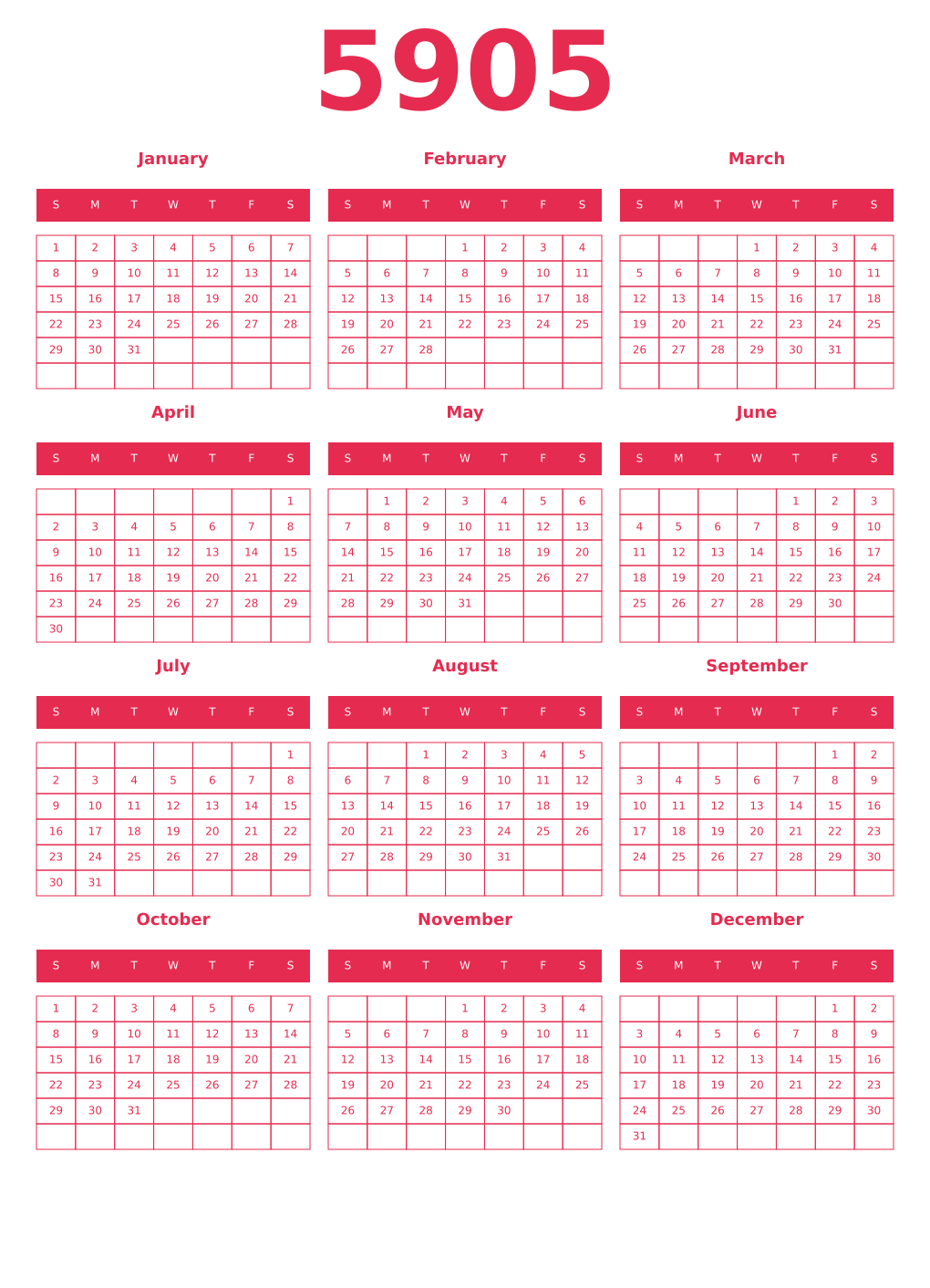 Printable 5905 Year Calendars amaranth
