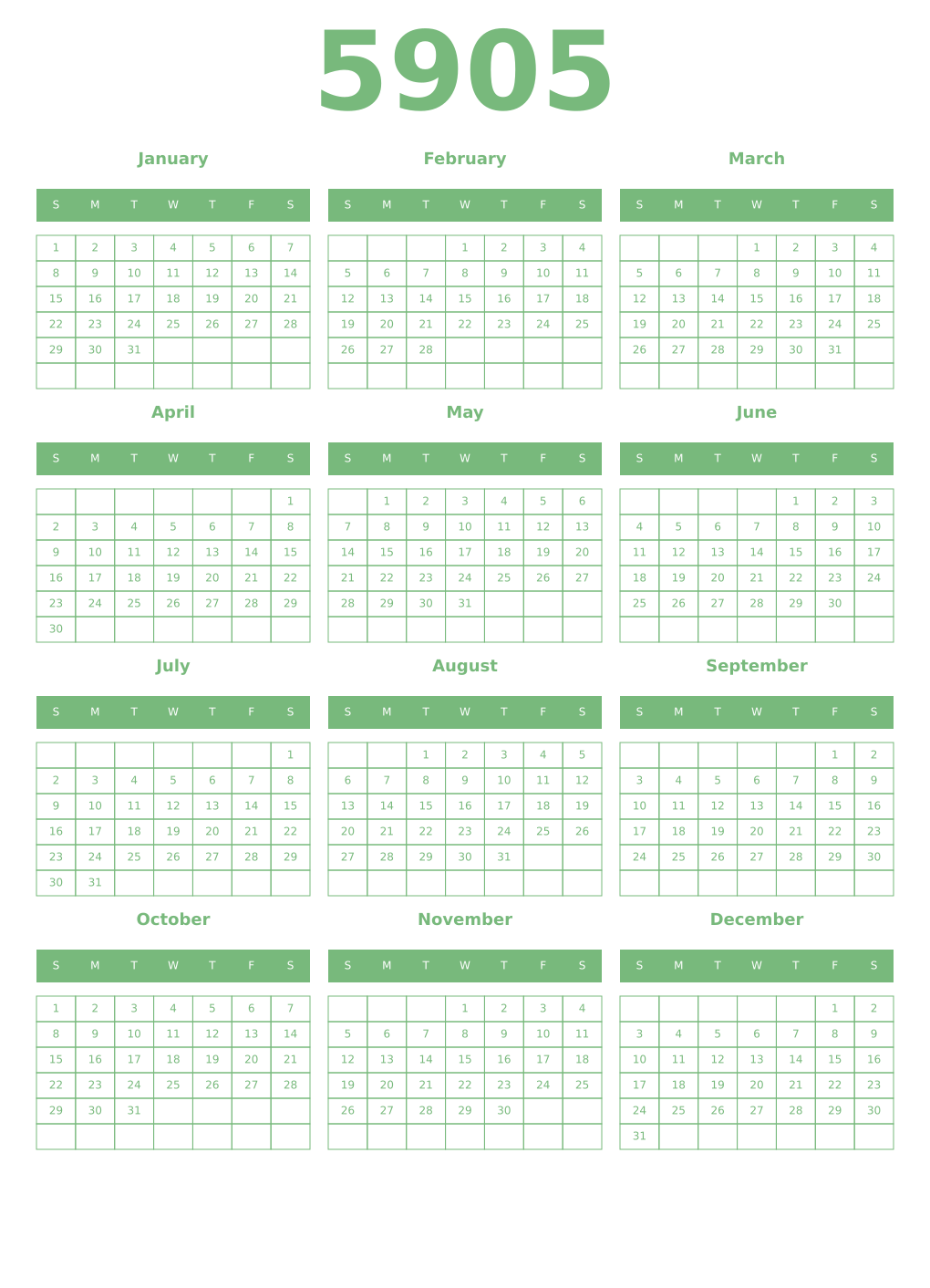 Printable 5905 Year Calendars celadon