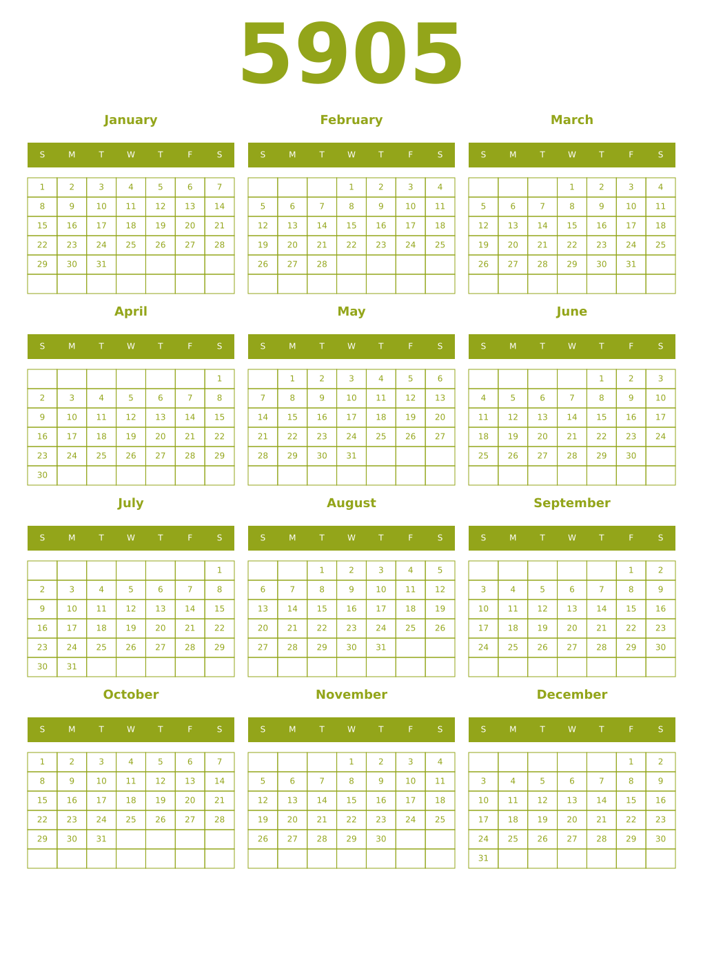 Printable 5905 Year Calendars chartreuse