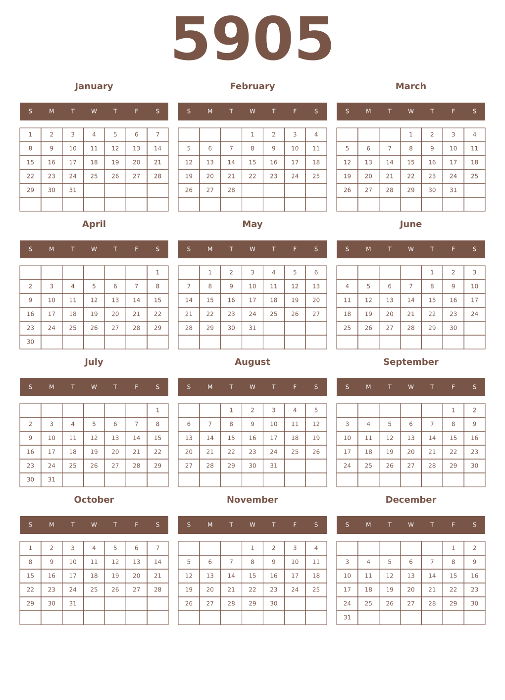 Printable 5905 Year Calendars coffe