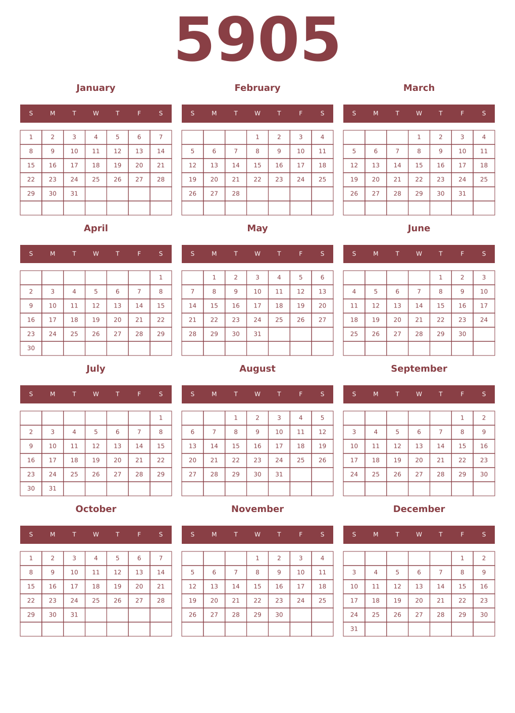 Printable 5905 Year Calendars cordovan