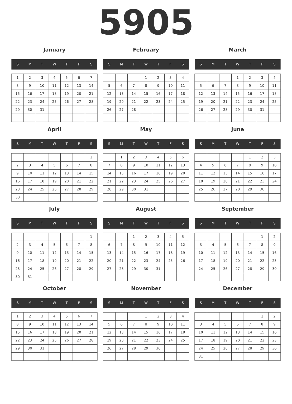 Printable 5905 Year Calendars dark