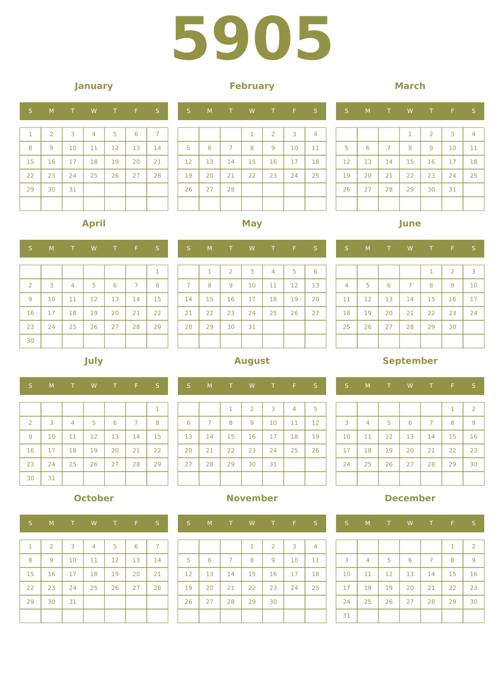 Printable 5905 Year Calendars eburnean