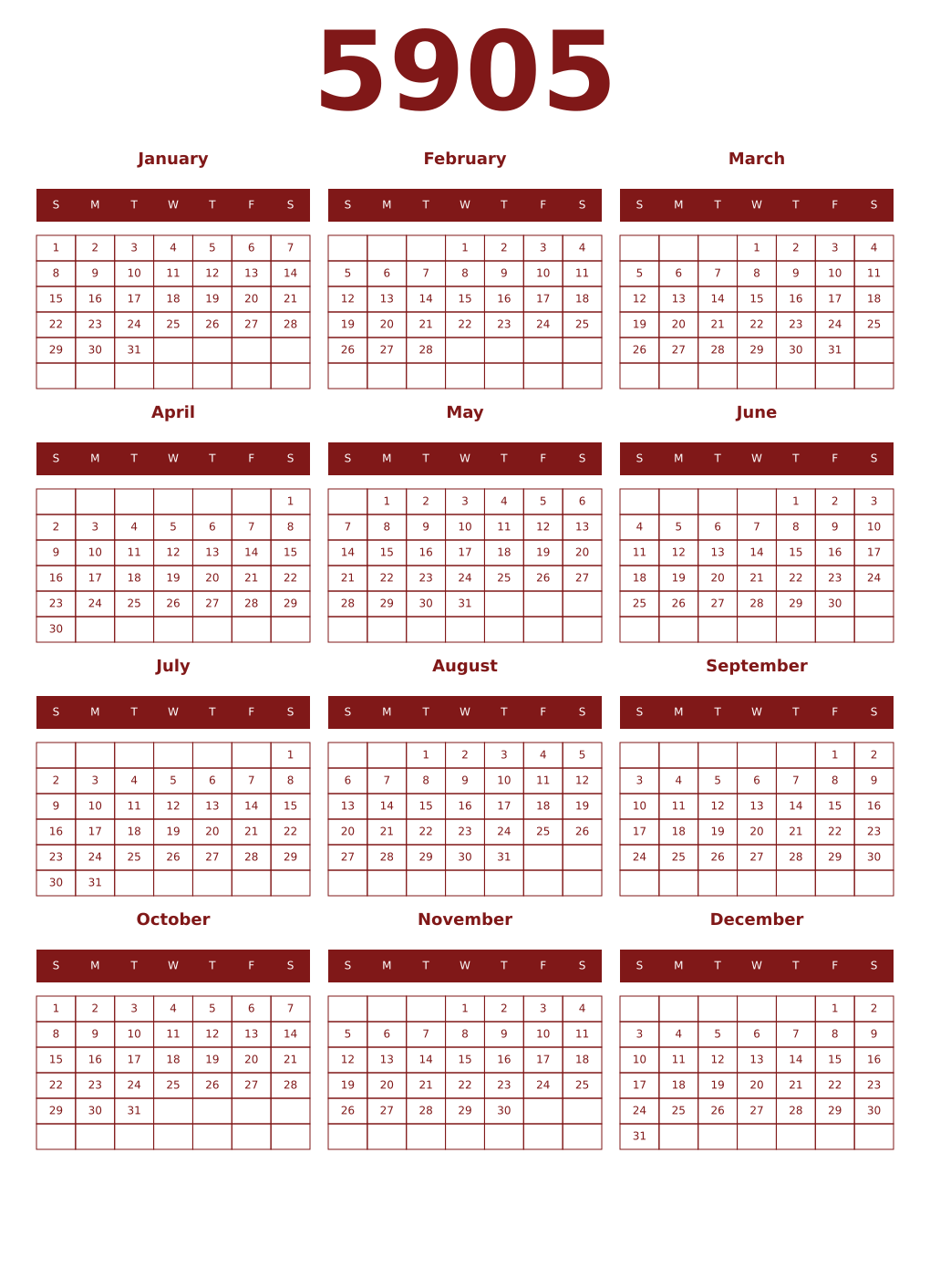 Printable 5905 Year Calendars falu