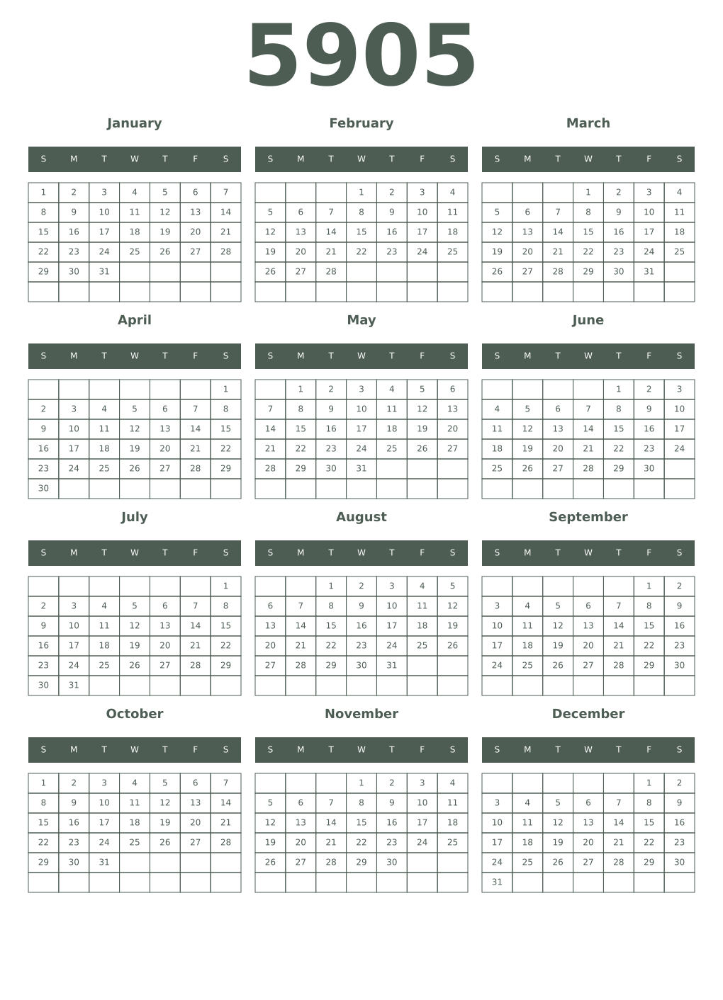 Printable 5905 Year Calendars feldgrau