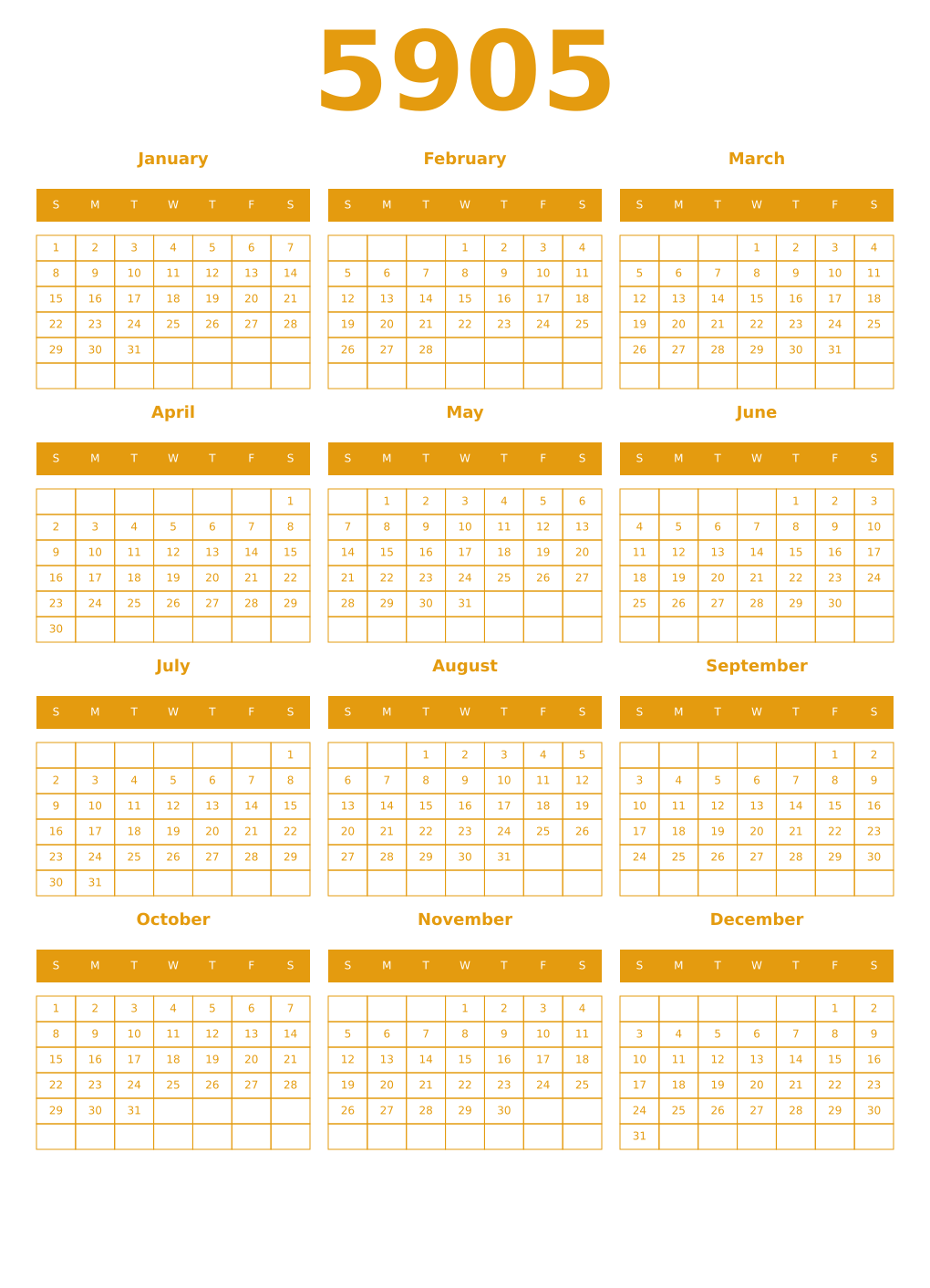 Printable 5905 Year Calendars gamboge