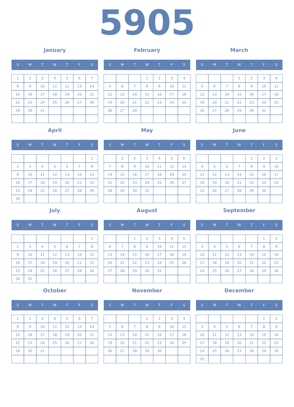 Printable 5905 Year Calendars glaucous