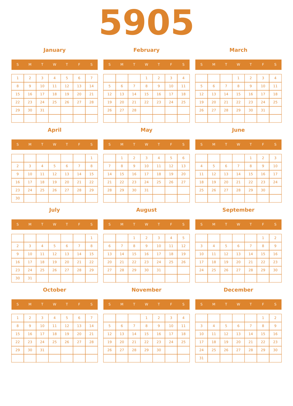 Printable 5905 Year Calendars orange
