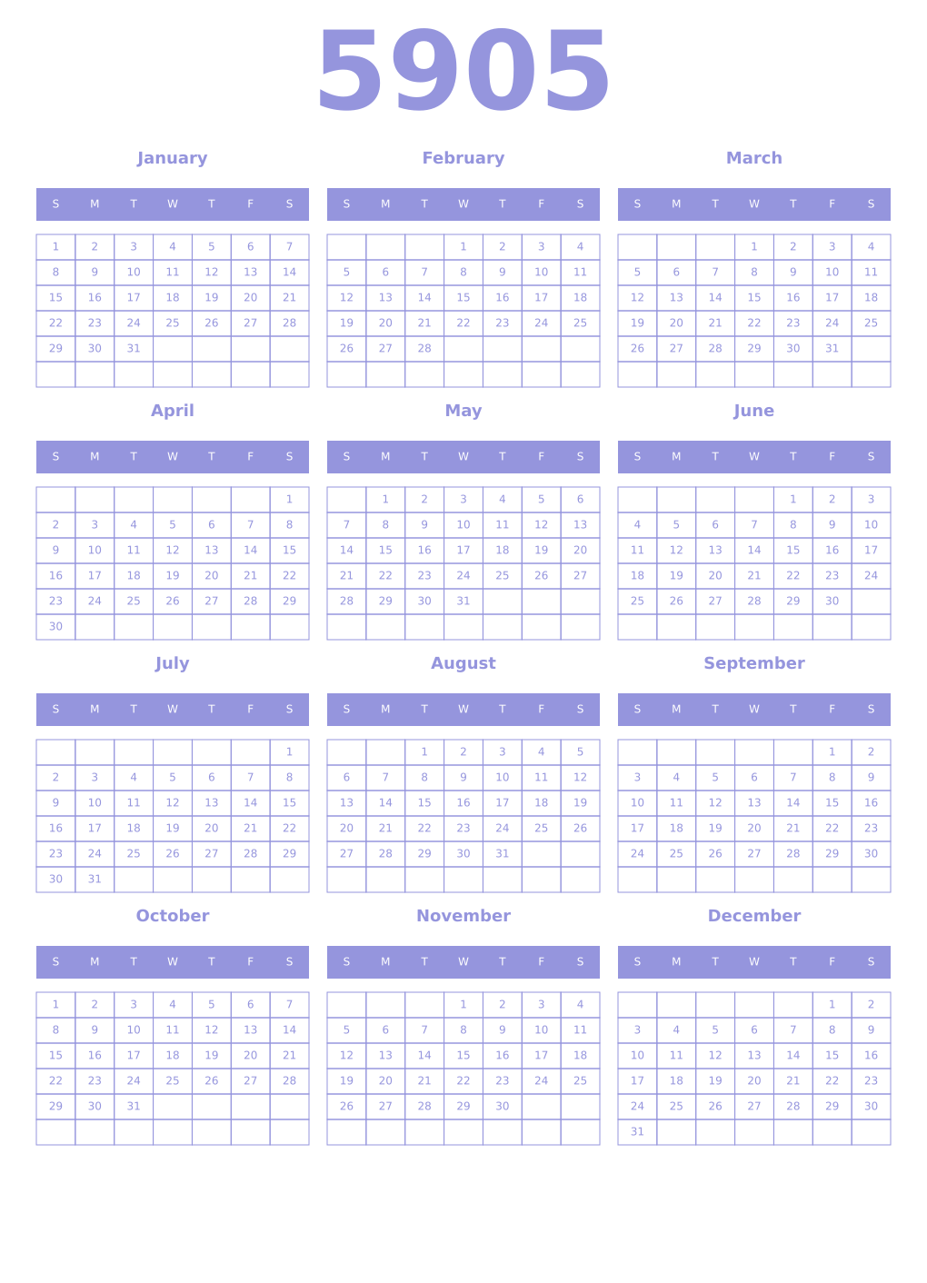 Printable 5905 Year Calendars periwinkle