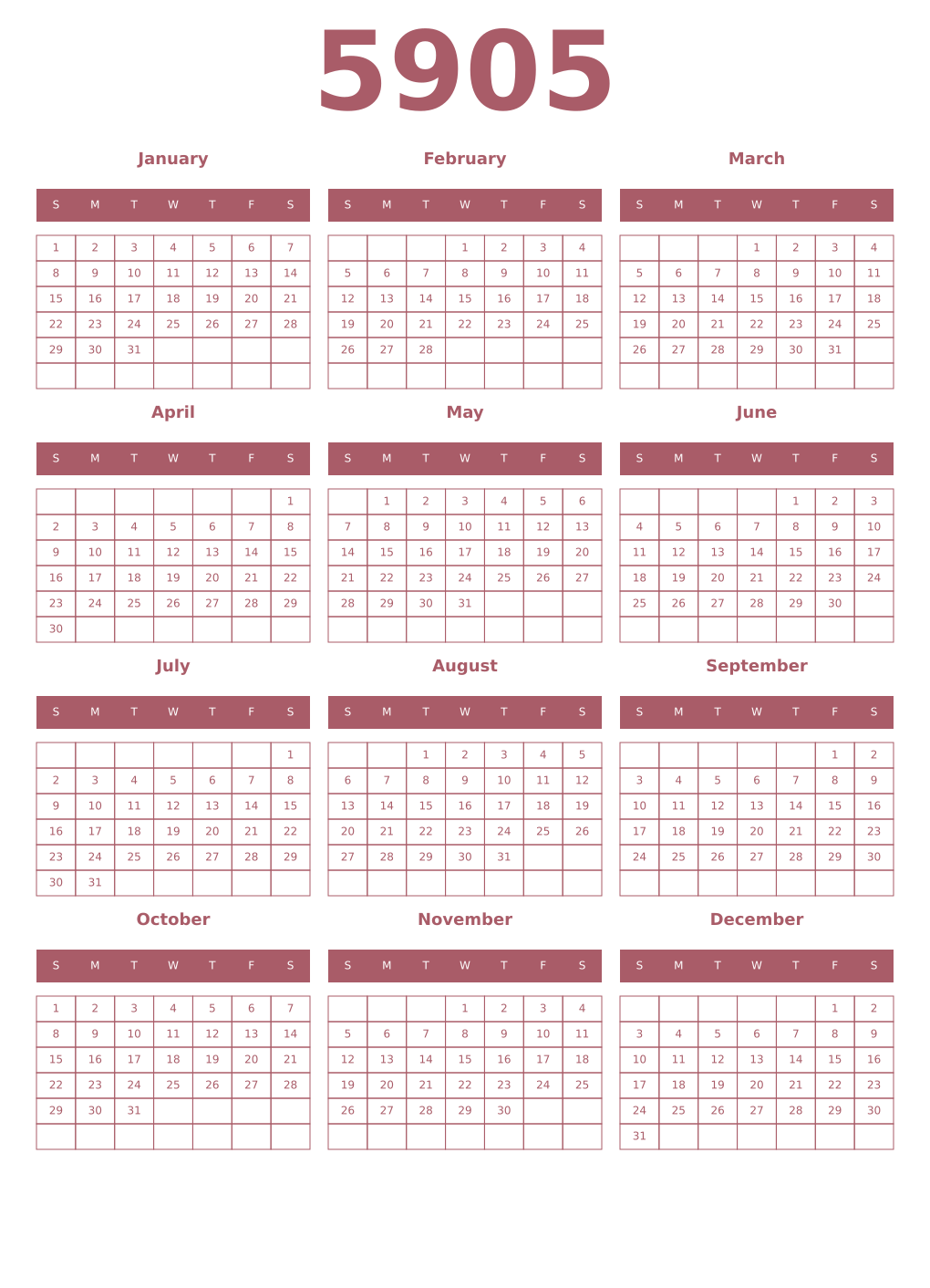 Printable 5905 Year Calendars puce