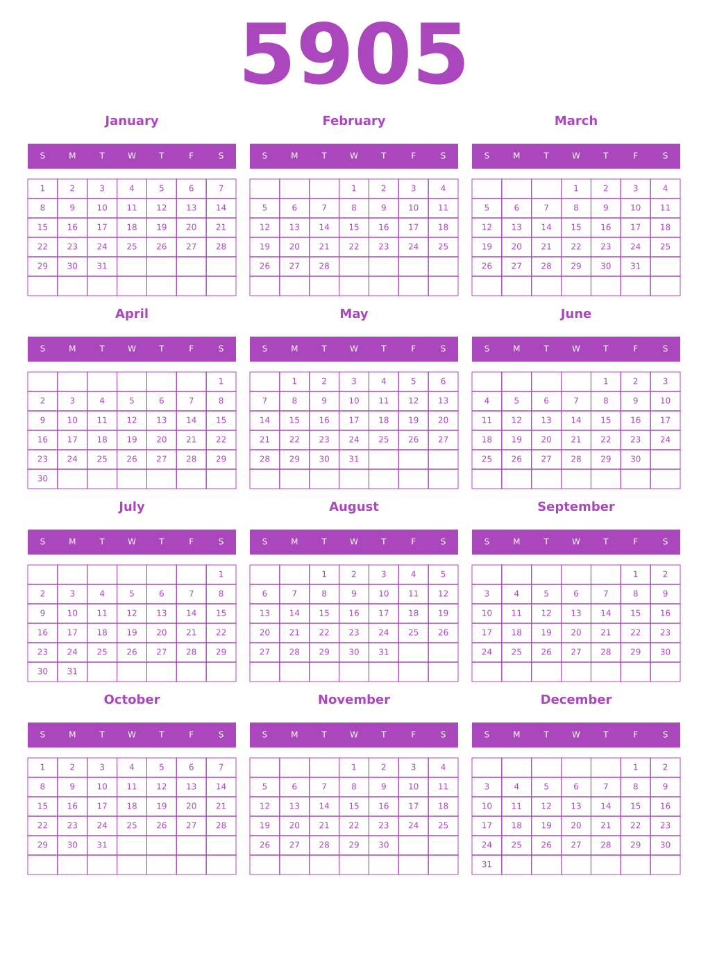 Printable 5905 Year Calendars purple