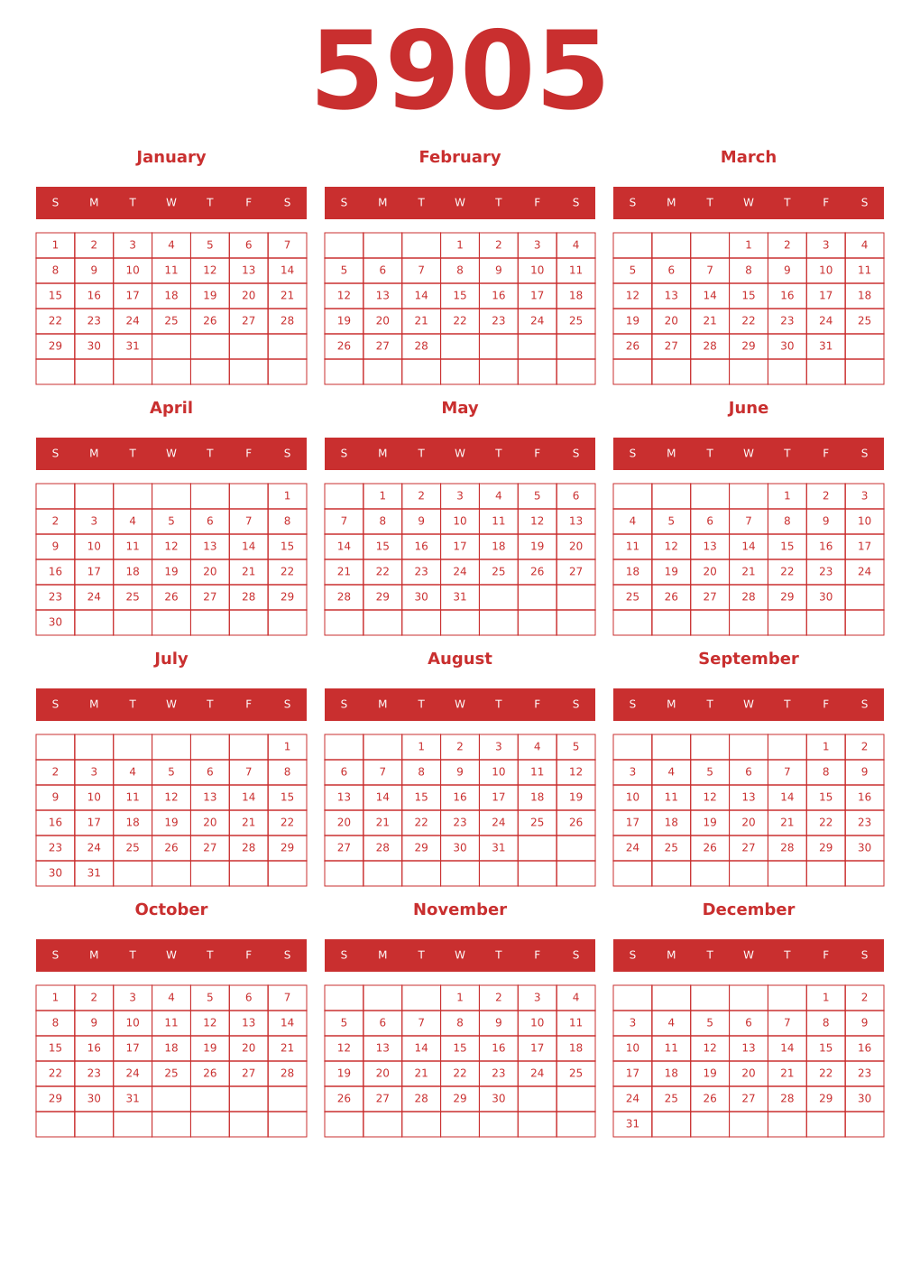 Printable 5905 Year Calendars red