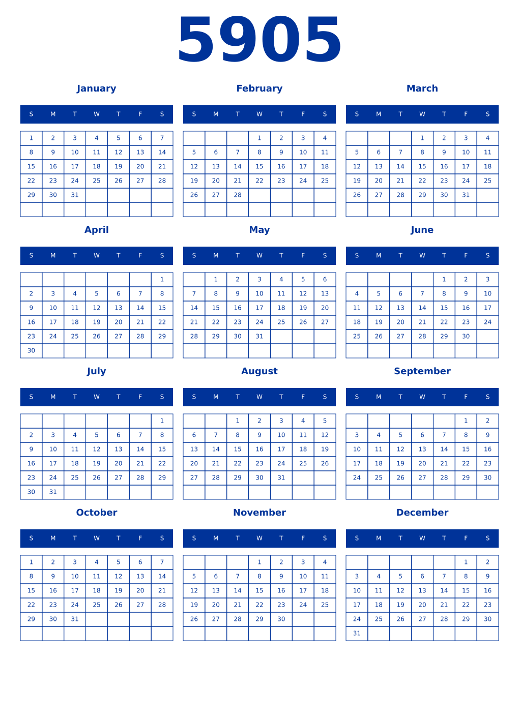 Printable 5905 Year Calendars smalt