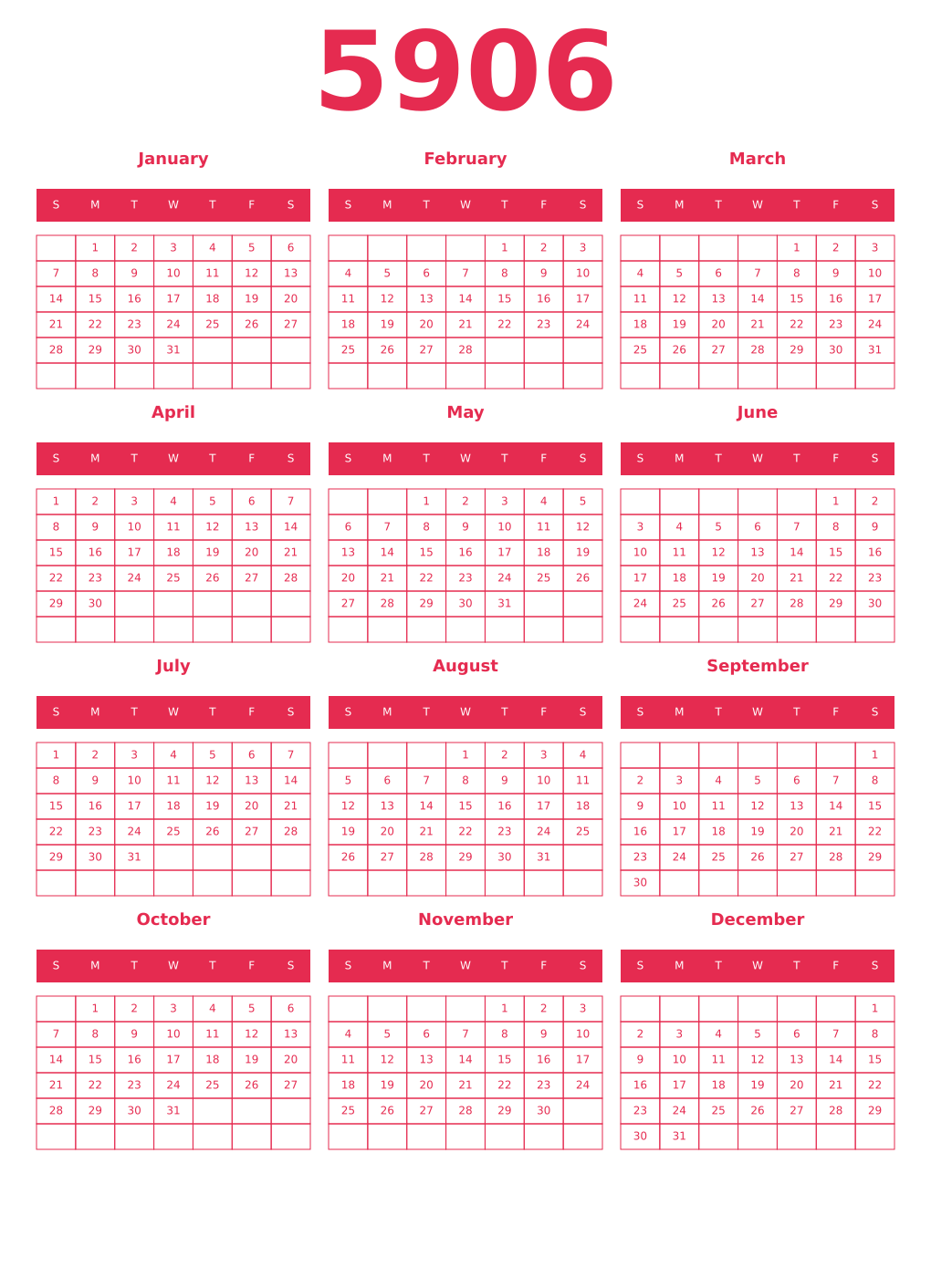 Printable 5906 Year Calendars amaranth