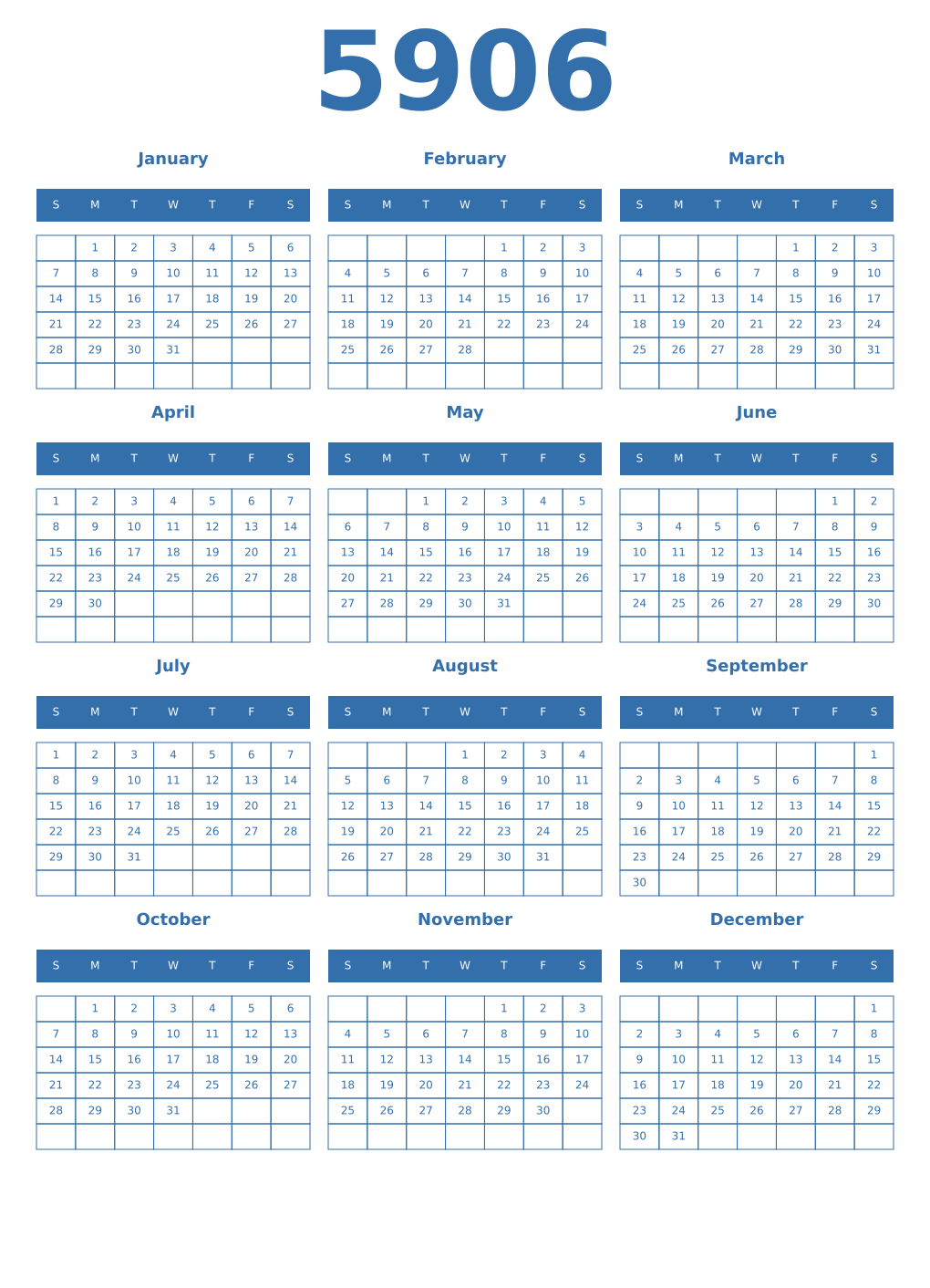 Printable 5906 Year Calendars blue