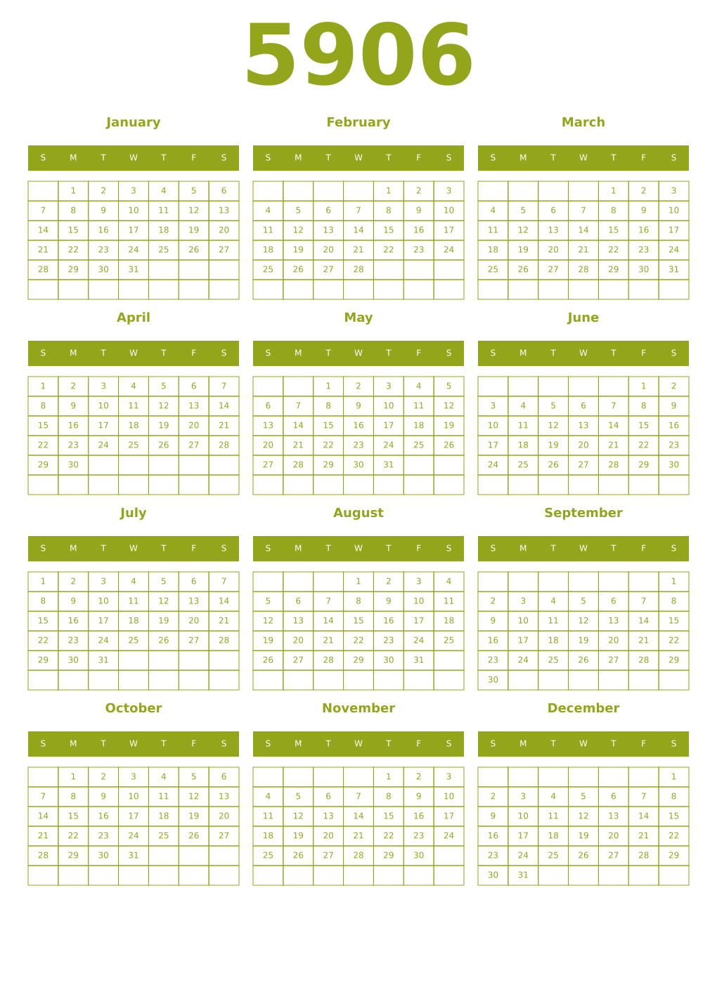 Printable 5906 Year Calendars chartreuse