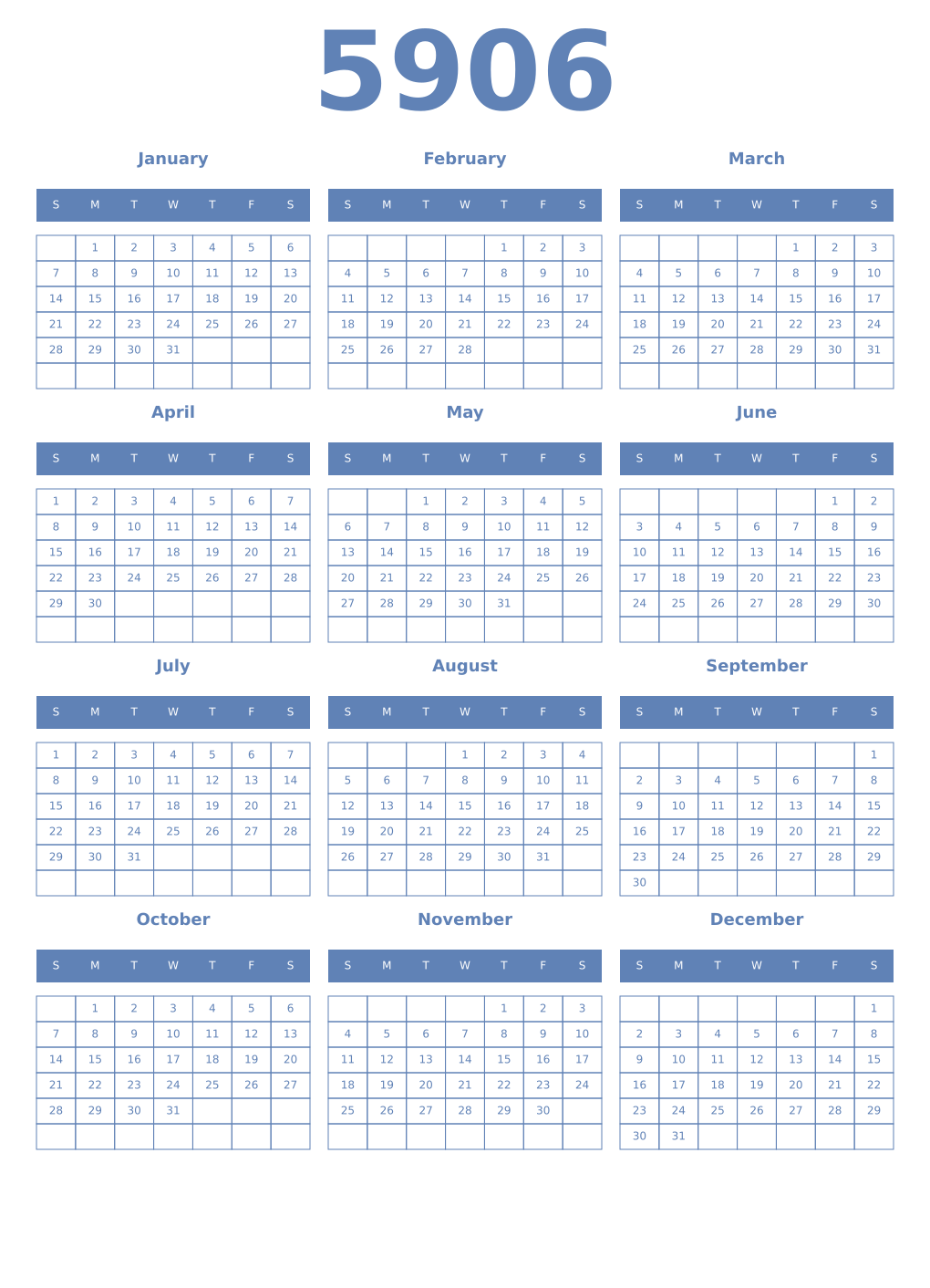 Printable 5906 Year Calendars glaucous