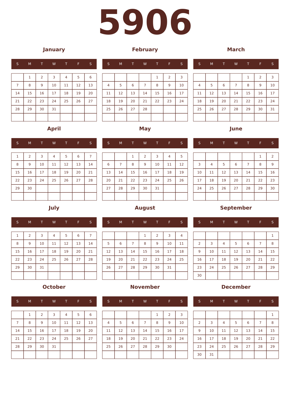 Printable 5906 Year Calendars mortuum