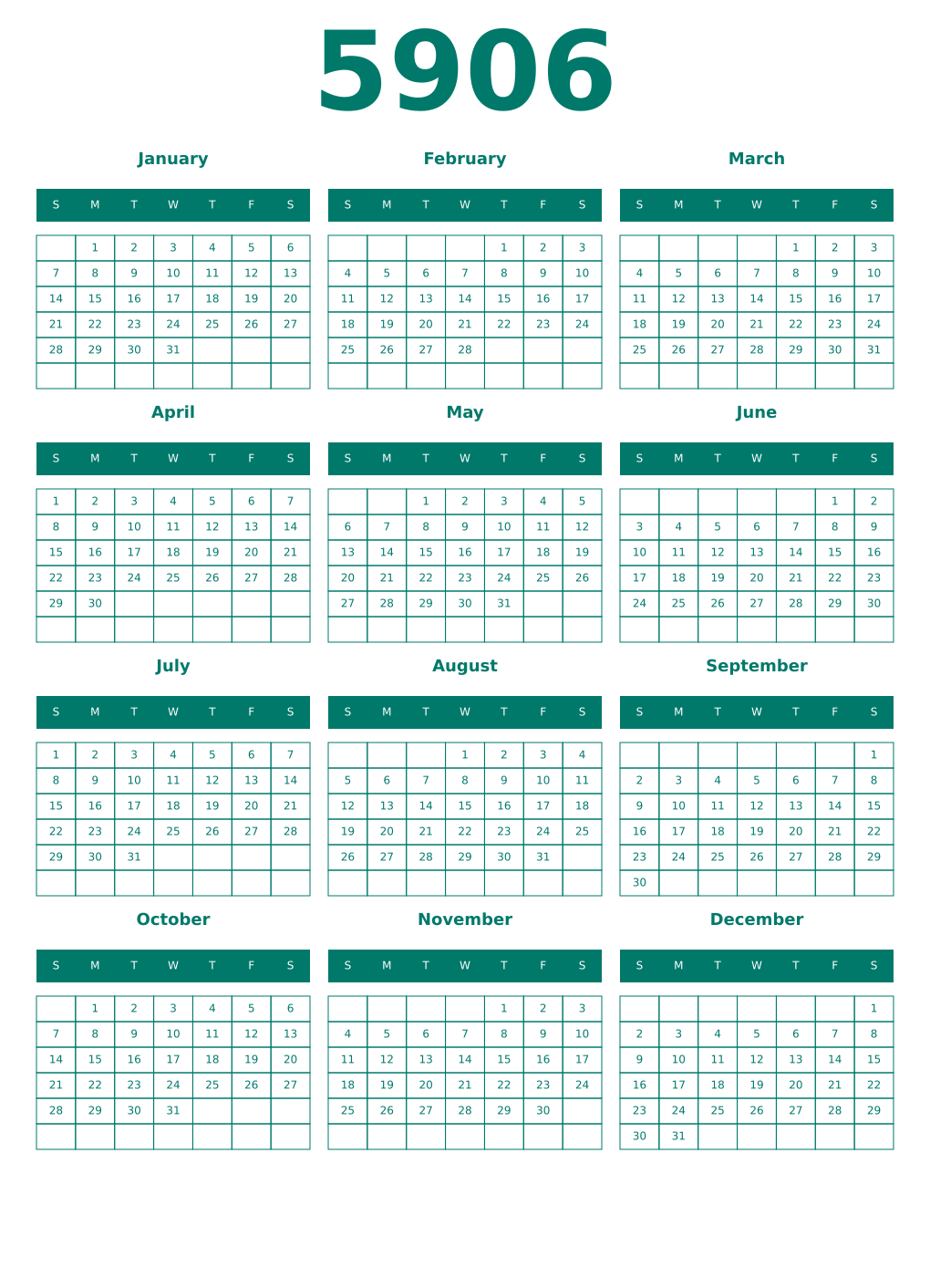 Printable 5906 Year Calendars pastel