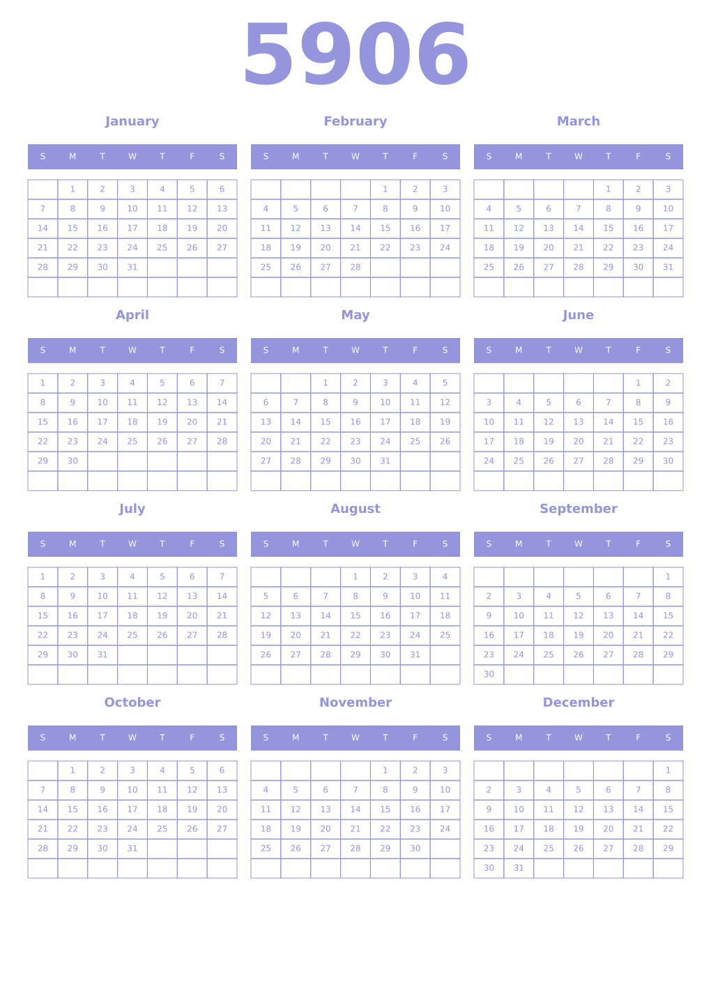 Printable 5906 Year Calendars periwinkle