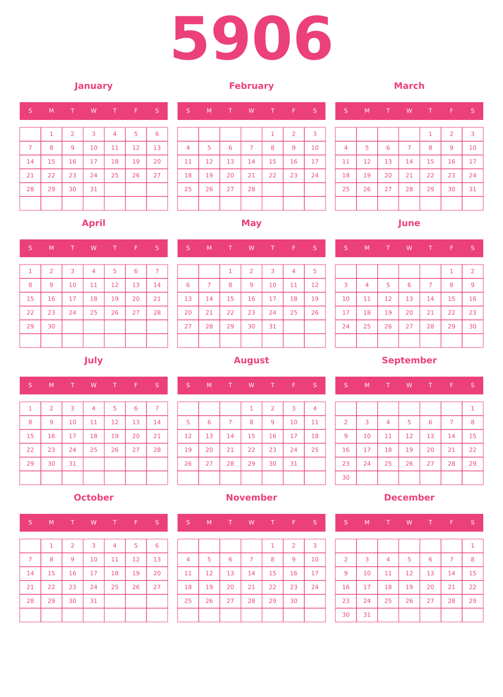 Printable 5906 Year Calendars pink