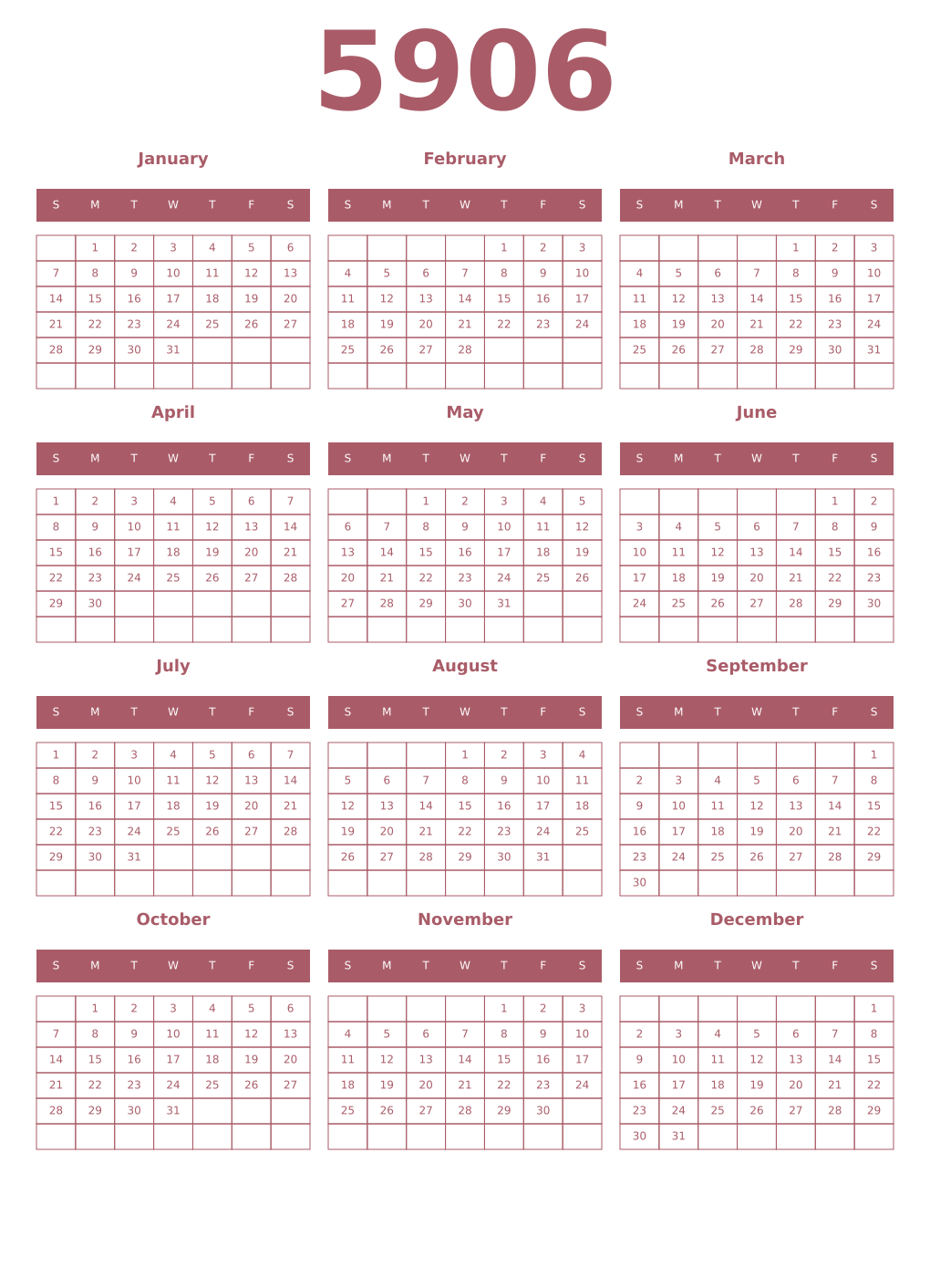 Printable 5906 Year Calendars puce