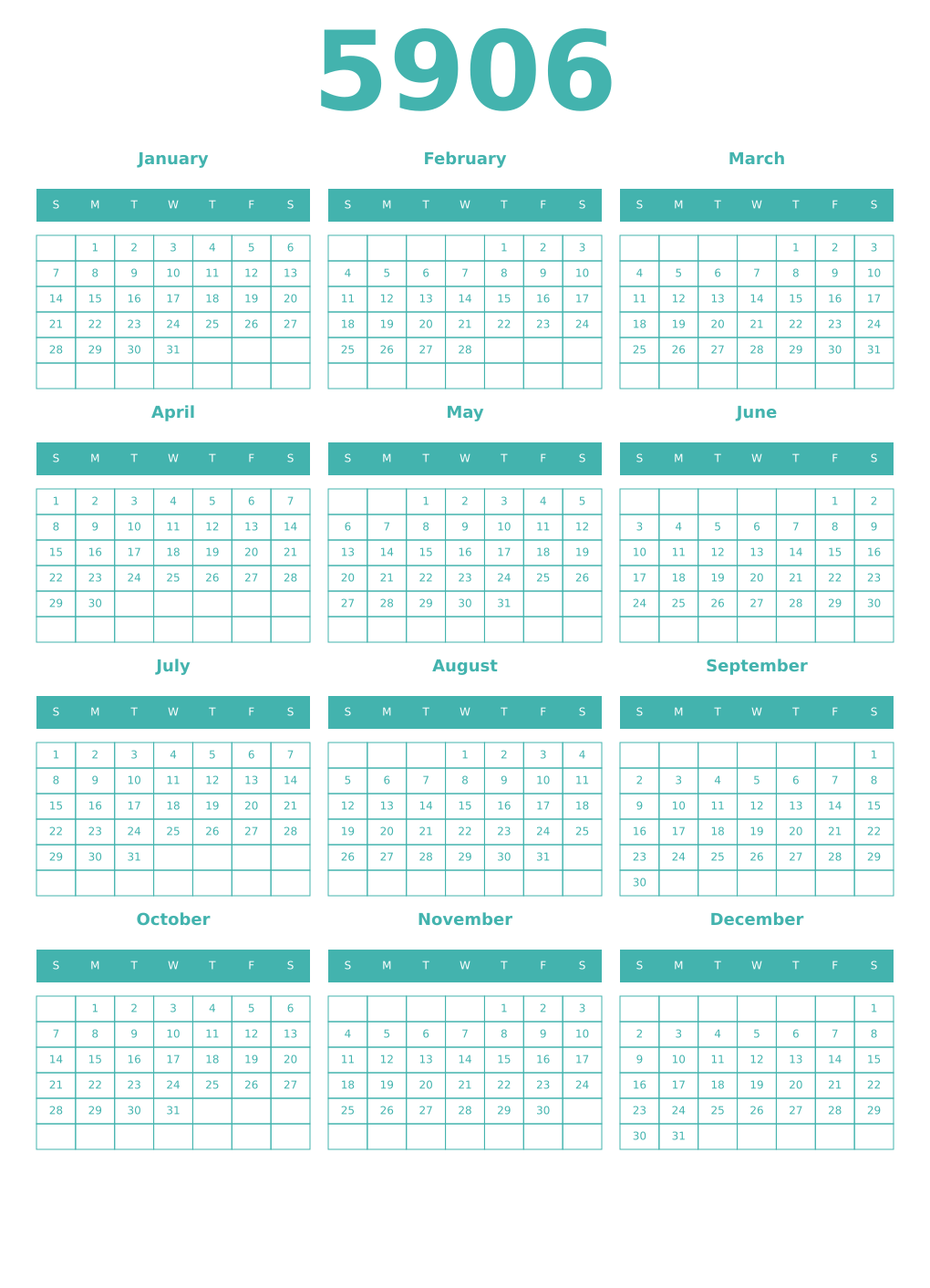 Printable 5906 Year Calendars verdigris