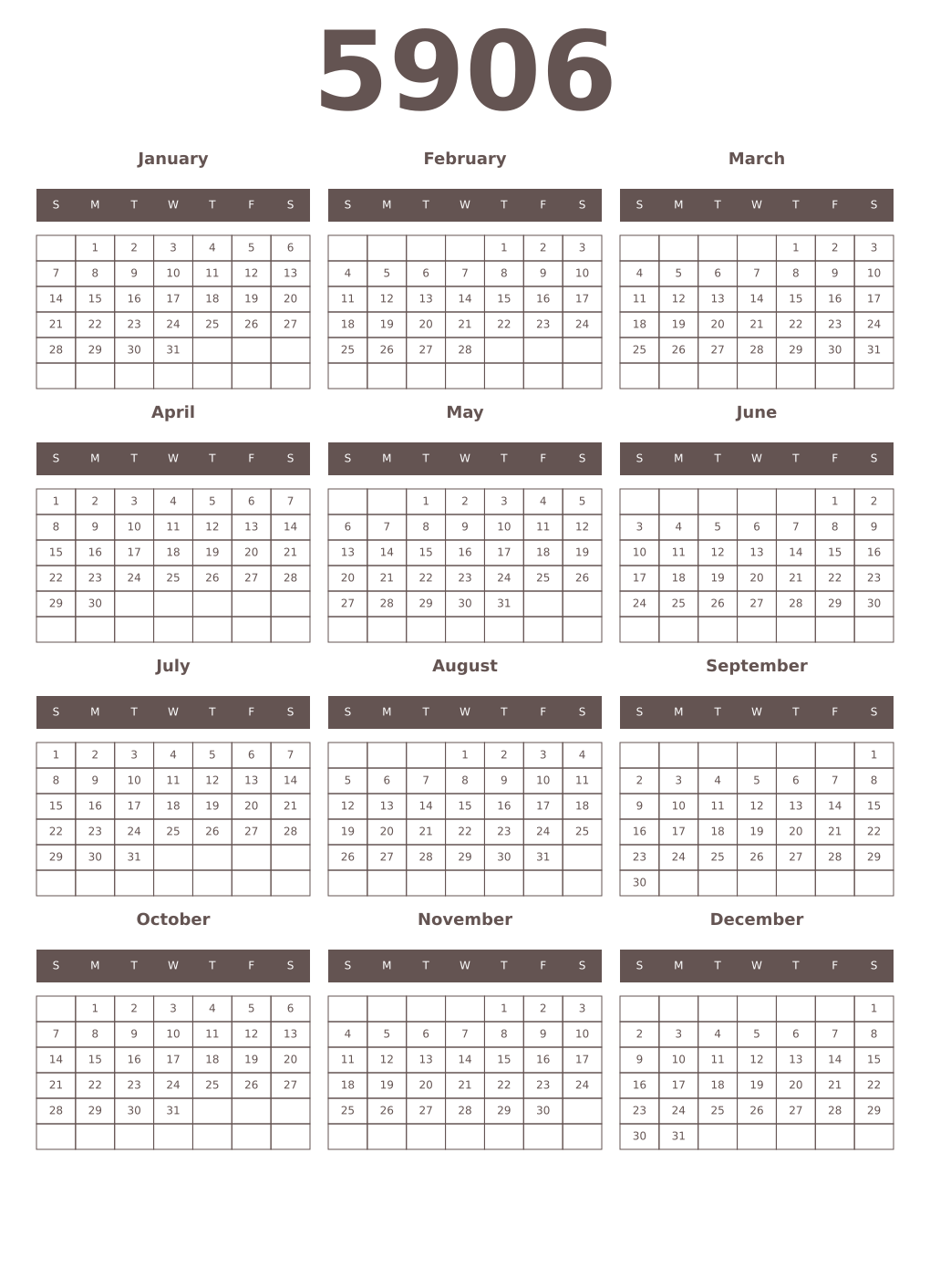 Printable 5906 Year Calendars wenge