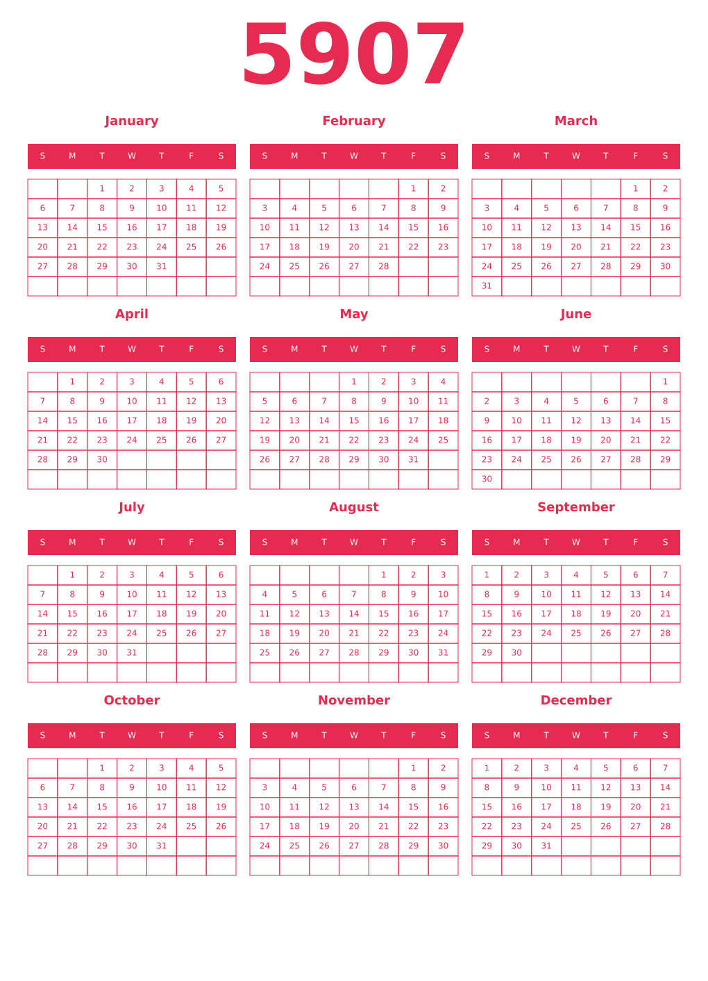 Printable 5907 Year Calendars amaranth