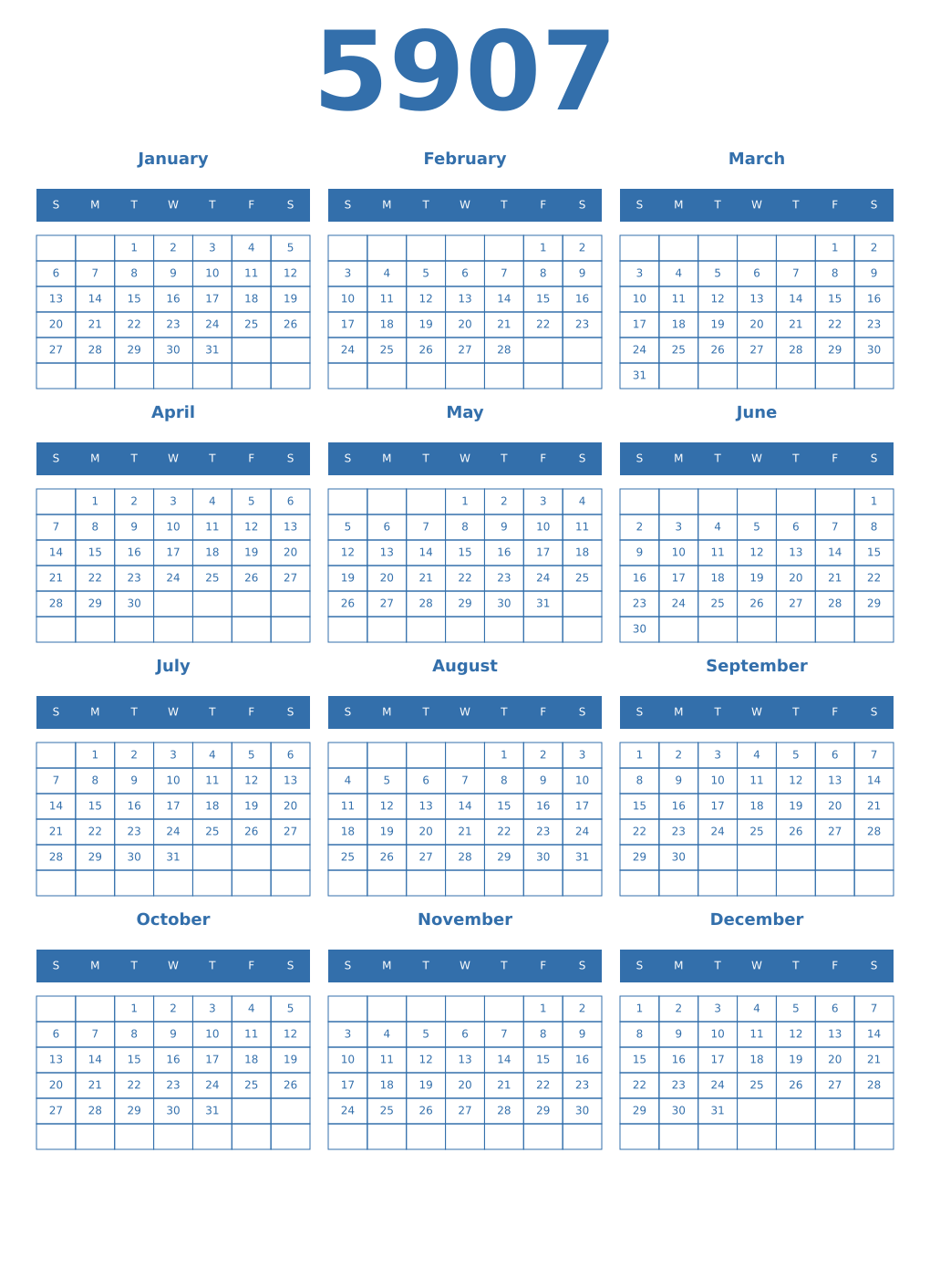 Printable 5907 Year Calendars blue