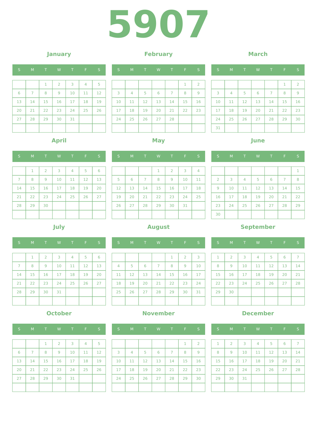 Printable 5907 Year Calendars celadon
