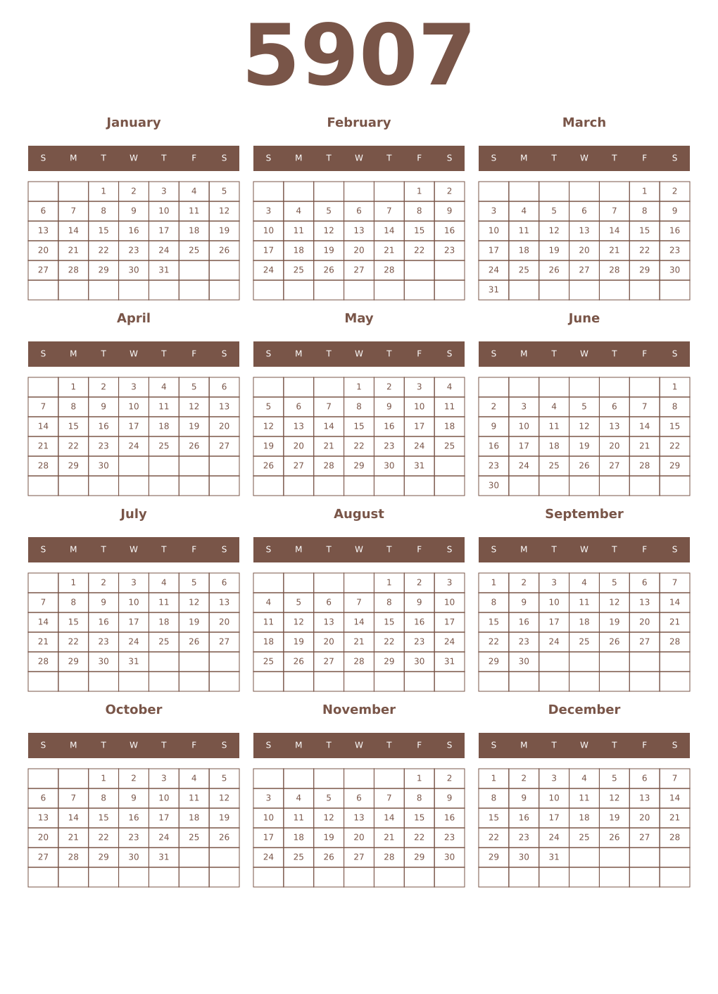 Printable 5907 Year Calendars coffe