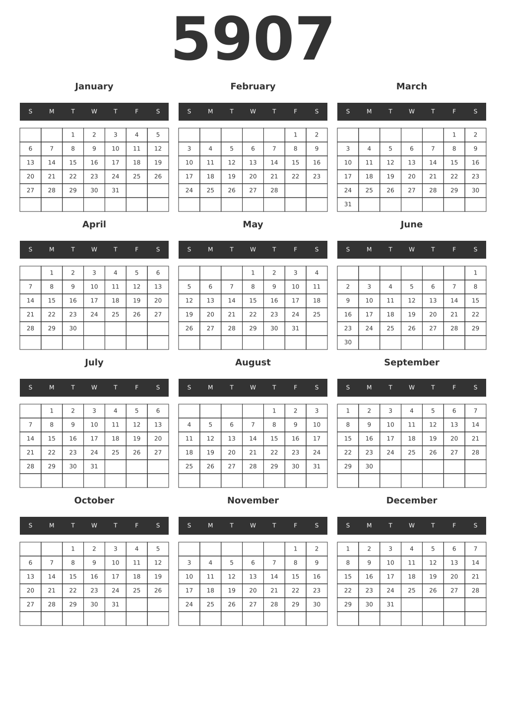 Printable 5907 Year Calendars dark