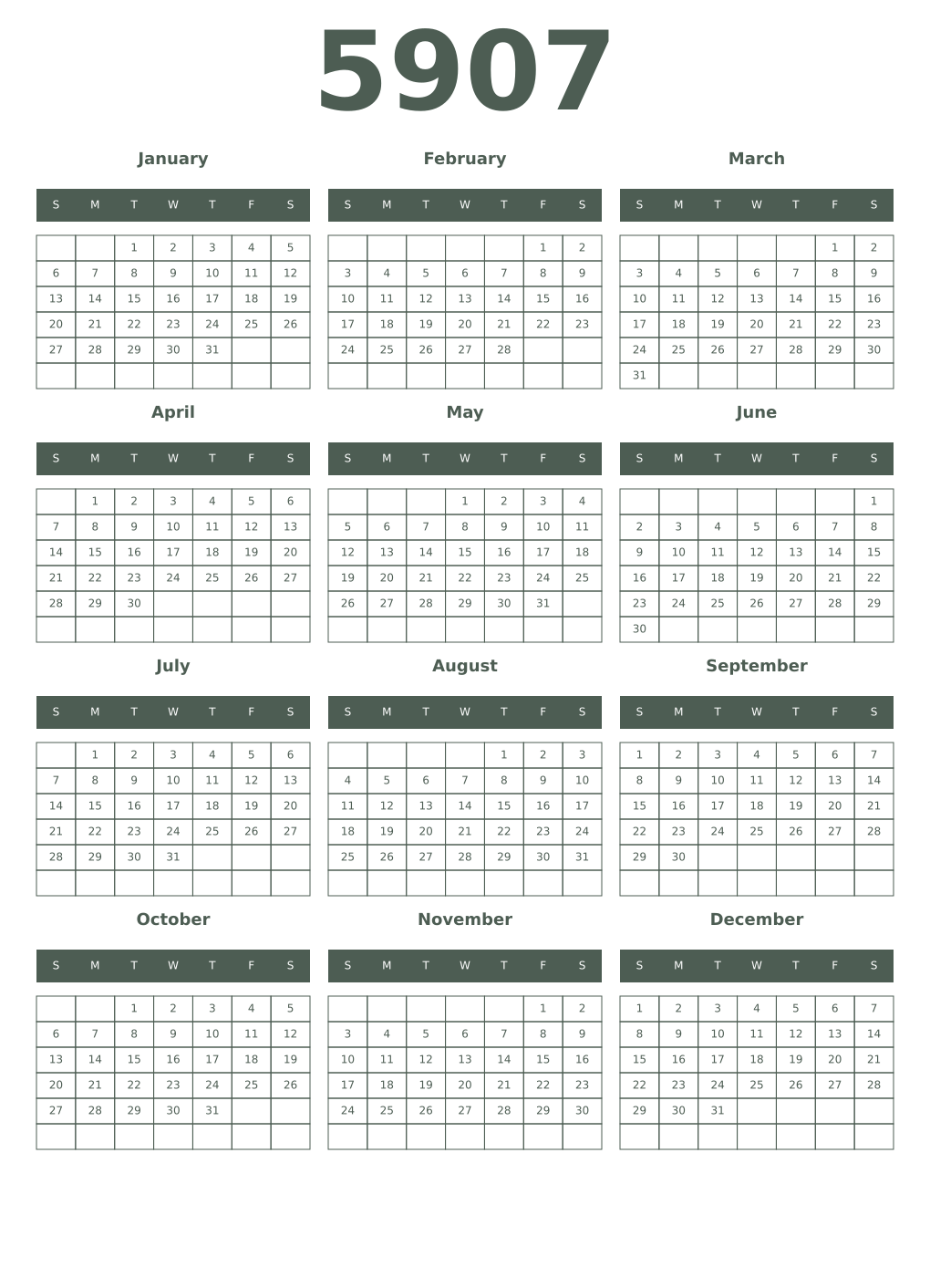 Printable 5907 Year Calendars feldgrau