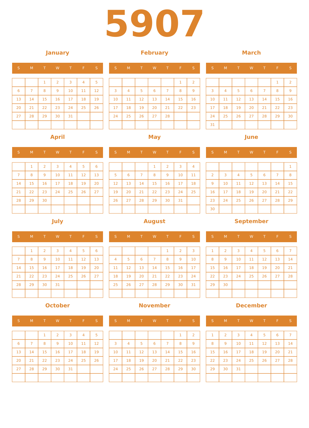 Printable 5907 Year Calendars orange