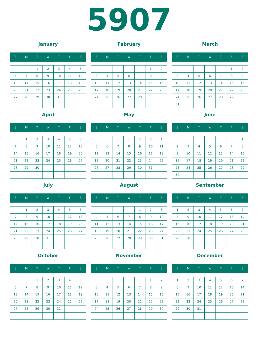 Printable 5907 Year Calendars pastel