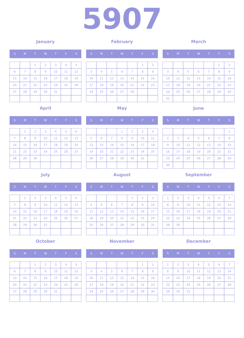 Printable 5907 Year Calendars periwinkle