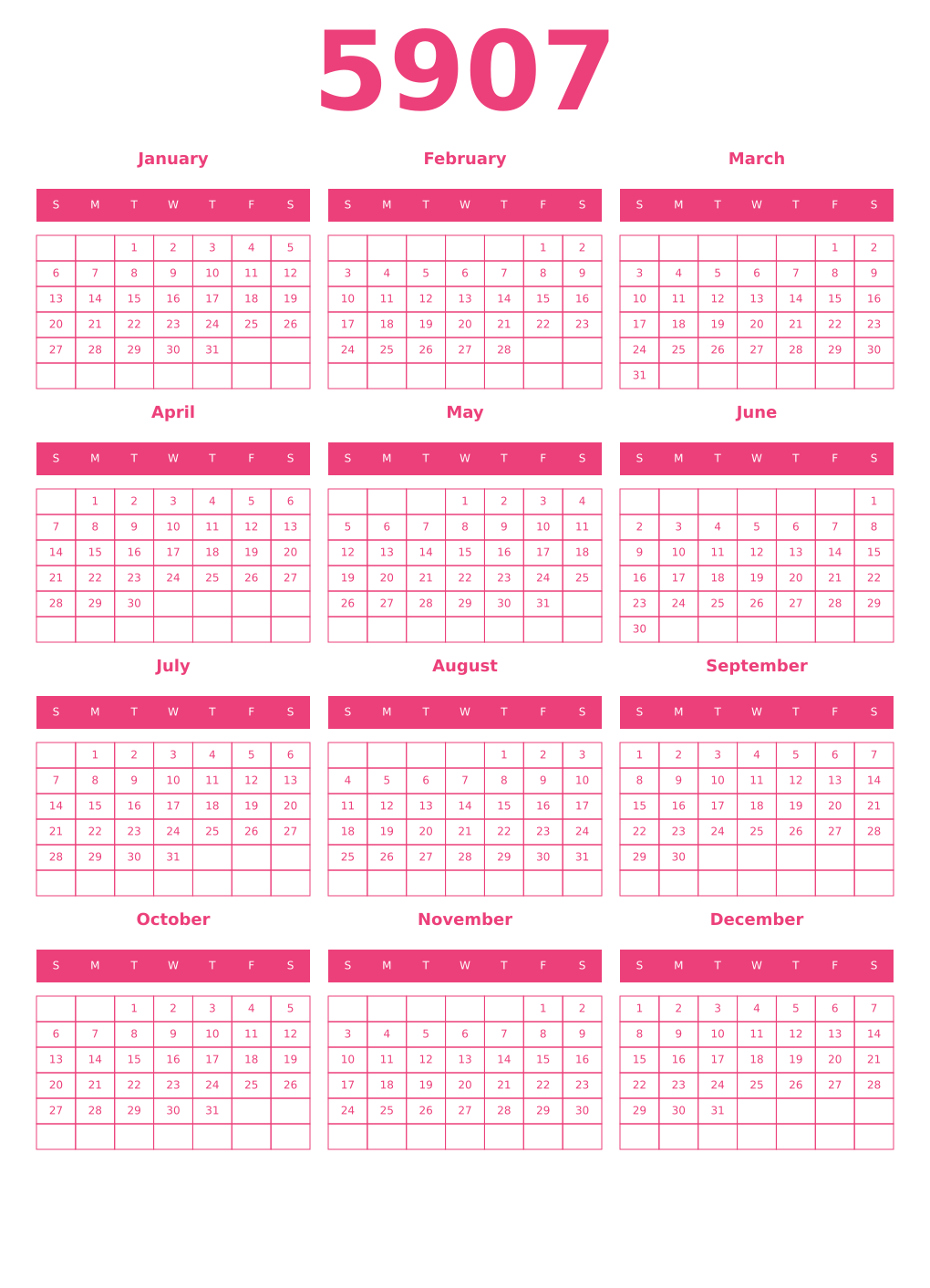 Printable 5907 Year Calendars pink