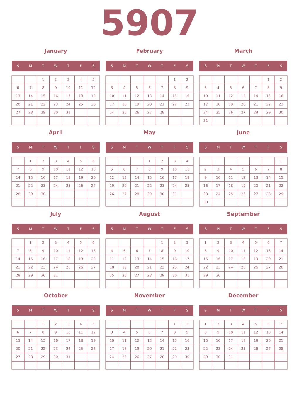 Printable 5907 Year Calendars puce