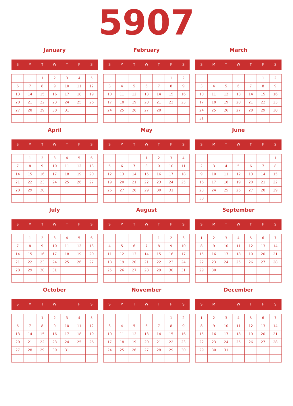 Printable 5907 Year Calendars red
